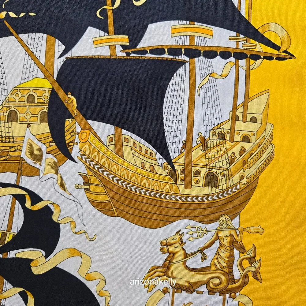 Hermès "Armada" Vintage Yellow Silk Scarf Hand Rolled Carre 90 Nautical Ships - Picture 11 of 16
